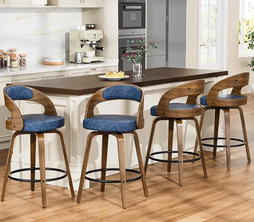 Miniatura 15 de YaFiti Taburetes de bar, taburetes de bar de 26 pulgadas de altura de mostrador con patas de madera curvada, taburetes giratorios con respaldo