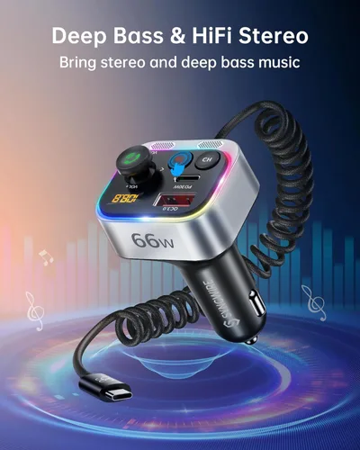 Miniatura 5 de Syncwire Transmisor FM Bluetooth 5.4 Adaptador de coche 66 W PD y QC 3.0 de carga rápida con cable USB-C, adaptador de radio inalámbrico con control