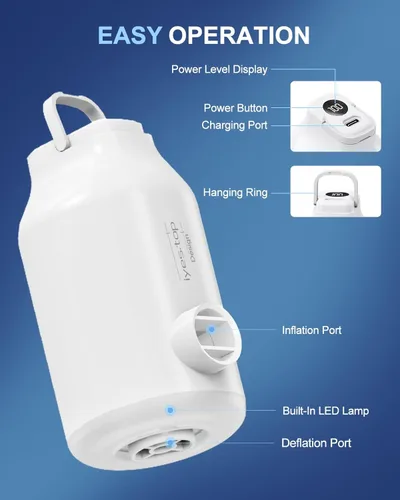 Miniatura 4 de Bomba de aire recargable portátil para inflables, 5 boquillas, velocidad del viento de 350 l/min y luz de campamento, inflado rápido y desinflado