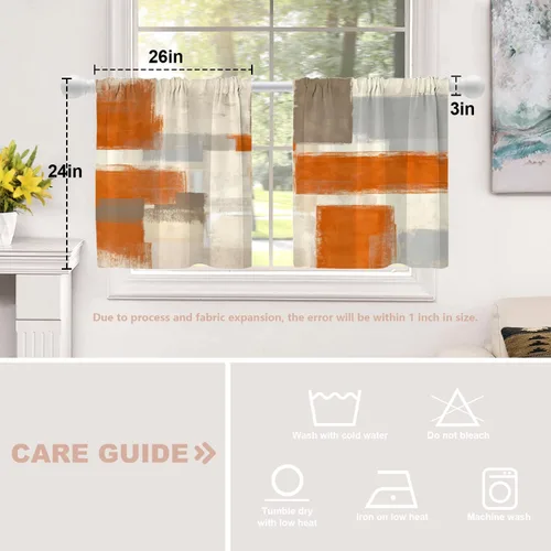 Miniatura 5 de Shrahala Beige and Orange Abstract Art Brushstrokes Blackout Curtain Tiers, Abstract Oil Paint Kitchen Valance Light Blocking Tier Drapes with Rod
