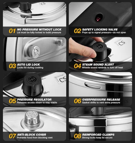 Miniatura 5 de KOCH SYSTEME CS Olla a presión de acero inoxidable de 10.5 cuartos de galón, olla de presión 3 en 1, bloqueo con una mano, 3 ajustes PSI olla a