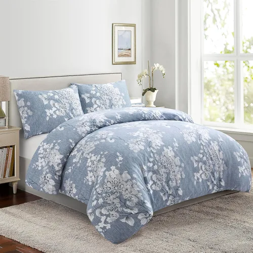 Miniatura 6 de Marina Decoration Juego de funda de edredón de 3 piezas con 2 fundas de almohada, con estampado floral de tinta azul, tamaño King Azul Inkwash Floral