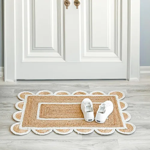 Miniatura 3 de Alfombra festoneada de yute natural, base natural, borde blanco hueso, 2 x 3