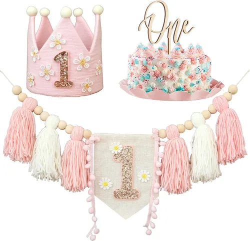 Miniatura 6 de Banner de Silla Alta con Margaritas Bohemias Primer Cumpleaños Niña Para Decoraciones de Primera Fiesta Conjunto Con Adorno de Pastel Hecho a Mano