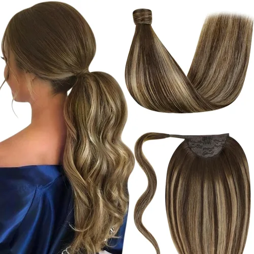Miniatura 21 de LaaVoo Extensión de cola de caballo de cabello humano marrón para mujer, extensiones de cola de caballo marrón oscuro, extensiones de cabello humano