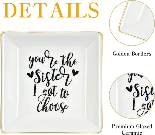 Miniatura 6 de Regalos para la mejor hermana para mujeres, plato de cerámica para anillos con texto en inglés "You Are the Sister I Got to Choice", bandeja