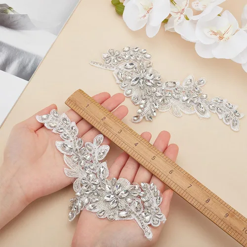 Miniatura 3 de FINGERINSPIRE 2 parches de cristal hechos a mano con cuentas brillantes de costura floral con diamantes de imitación de encaje de diamantes
