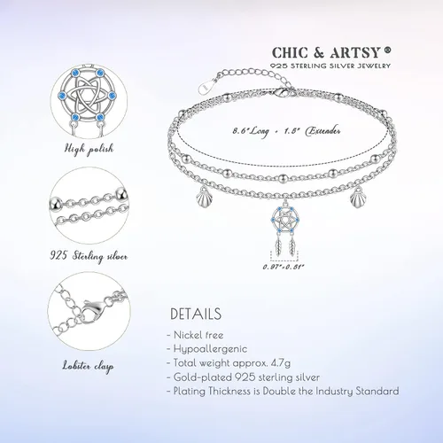 Miniatura 130 de CHIC & ARTSY Tobilleras delicadas de plata de ley S925 para verano, pulsera de tobillo ajustable multicapa para playa, joyería de pie para mujer