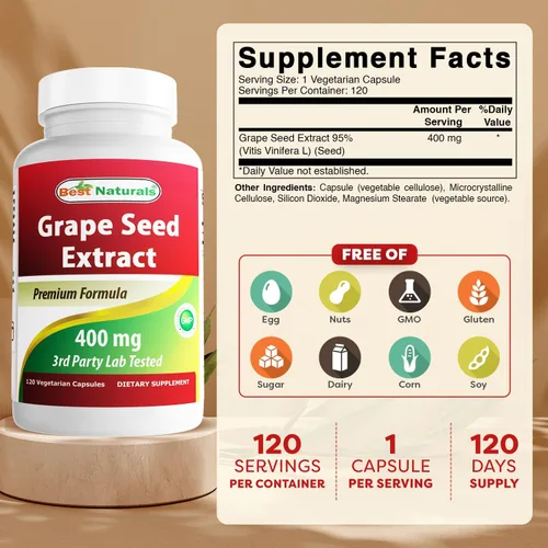 Miniatura 2 de Best Naturals Extracto de semilla de uva 400 mg cápsula vegetariana, 120