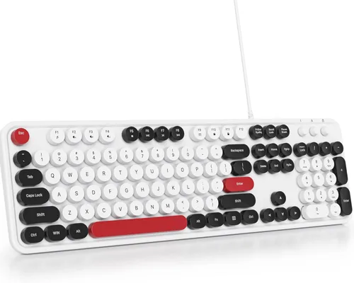 Miniatura 7 de Owpkeenthy Teclado de máquina de escribir con llave redonda retro con cable, tamaño completo, silencioso, Plug and Play USB con soportes plegables