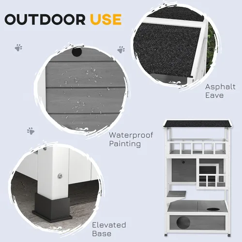 Miniatura 6 de Robust Multi-Story Cat Condo Featuring Asphalt Roof, Escape Doors, Jumping Platform, Durable Material, Light Gray Exterior