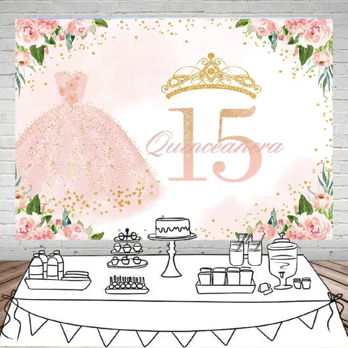 Miniatura 2 de Mocsicka Telón de fondo de cumpleaños de quinceañera para niña, decoración de fiesta de cumpleaños con diseño floral azul de 15 años, fondo