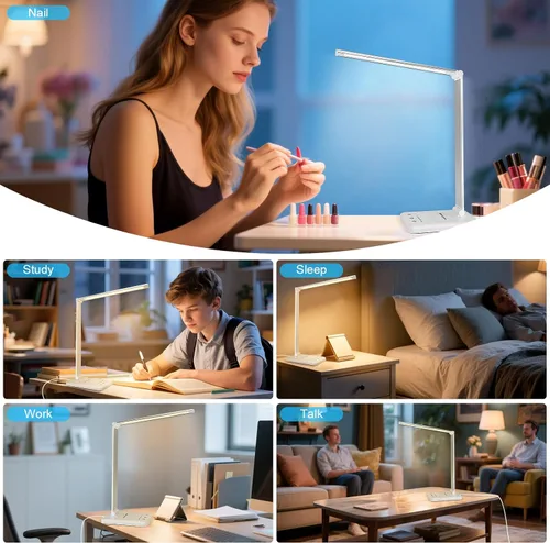 Miniatura 28 de Lámpara de escritorio LED White Crown, lámpara de mesa regulable, lámpara de lectura con puerto de carga USB, 5 modos de iluminación, control Negro