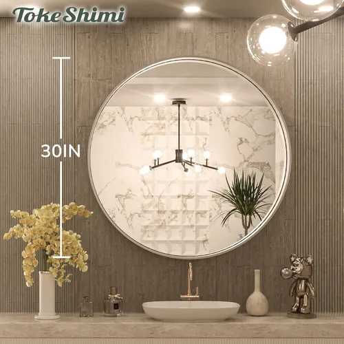Miniatura 7 de TokeShimi - Espejo redondo para pared de baño, con marco de metal de aleación de aluminio inoxidable, plateado cepillado, combina con un