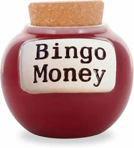 Cottage Creek Tarro de dinero de bingo, alcancía de cerámica roja de 6 pulgadas para adultos, divertido tarro de monedas y accesorios de bingo,