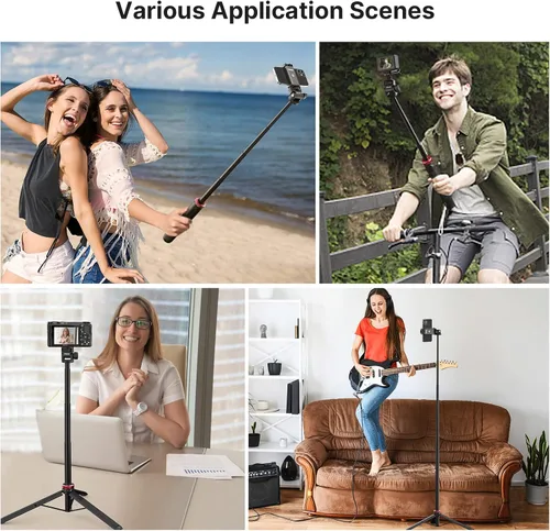 Miniatura 2 de ULANZI MT-71 Trípode extensible para selfie stick de 57.48 pulgadas con abrazadera para teléfono y zapata fría, poste de aluminio de 7 secciones