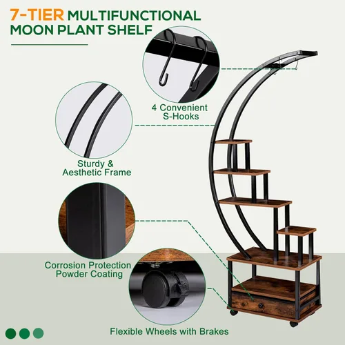 Miniatura 5 de 2 soportes para plantas de interior de media luna de 71 pulgadas de alto con ruedas bloqueables, estante para plantas de 14 niveles con cajón