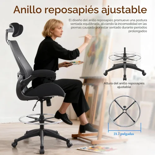 Miniatura 8 de BOLISS Silla de oficina alta de dibujo, 400 libras, respaldo alto, silla de escritorio ancha cómoda con reposabrazos abatibles, soporte lumbar, Negro