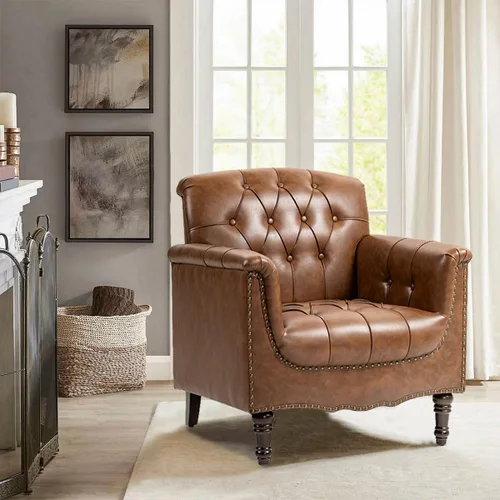 Miniatura 15 de Pia Ricco Silla decorativa moderna copetuda, sillón individual de piel sintética con ribete de cabeza de clavo y patas de madera, cómodo asiento