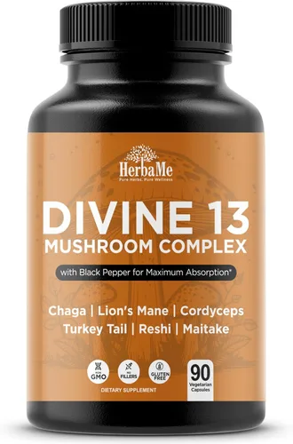 HerbaMe 13 cápsulas complejas de extracto de hongos con melena de león, cordyceps, cola de pavo, reishi y chaga, suplemento de apoyo cerebral,