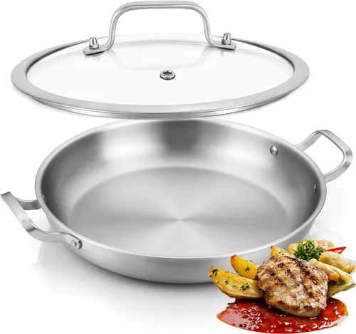 Miniatura 8 de DELARLO Sartén con tapa, sartén de acero inoxidable de tres capas, sartén antiadherente de 10 pulgadas, sartenes y sartenes, sartén antiadherente