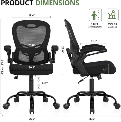 Miniatura 2 de Silla de oficina de capacidad de 330 libras, silla de escritorio ergonómica de malla transpirable con soporte lumbar y reposabrazos abatibles, silla