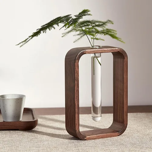 Miniatura 3 de Transprent - Jarrón de vidrio de tubo de ensayo, jarrón hidrófilo para plantas, marco de madera de nogal, soporte de flores, mesa de jardín