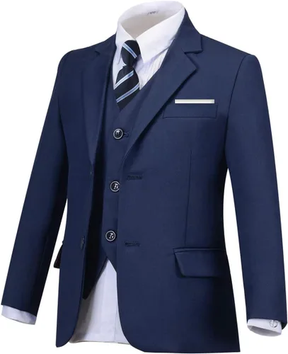 Miniatura 5 de Trajes formales Silm Fit para niño de 5 piezas con camisa y chaleco, azul marino, 5 piezas (corbata a cuadros marinos), 8, Azul marino 5 piezas