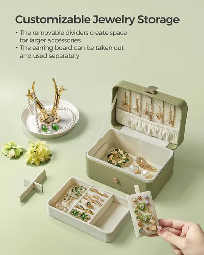 Miniatura 27 de SONGMICS Caja organizadora de joyas, estuche de viaje de 2 capas para aretes, collares, pulseras, almacenamiento portátil de joyas con gran Verde