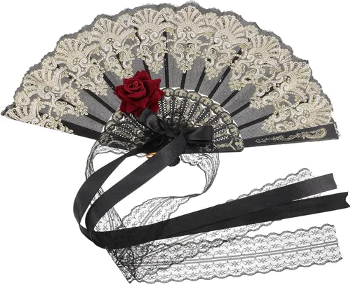 Didiseaon Abanicos de mano vintage de encaje rosa flor plegable ventilador retro ventilador de mano ventilador cosplay ventilador chino plegable
