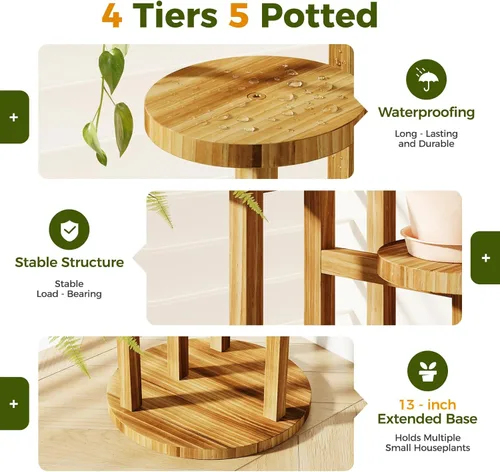 Miniatura 3 de Bamworld Soporte para plantas de 3 niveles para interiores, estante esquinero de madera para múltiples plantas, soporte redondo pequeño para flores