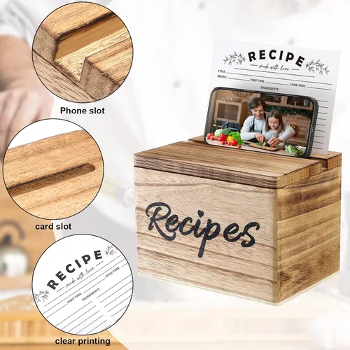 Miniatura 3 de Hoteam Caja de Recetas de Madera con Tarjetas, Soporte para Tarjetas de Recetas de Madera Rústica con 50 Piezas, Juego de Tarjetas de 5 x 7, Caja