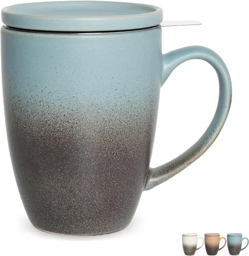 Bosmarlin Taza de té de cerámica mate con infusor y tapa, 13.5 onzas, taza de té suelta, apta para lavavajillas y microondas (azul oscuro)