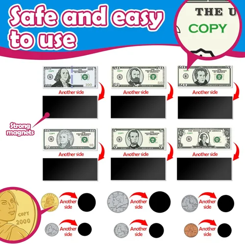Miniatura 8 de Kasfalci 73 piezas de dinero magnético para niños para aprender, manipuladores de matemáticas, juguetes de aprendizaje y educación para aula