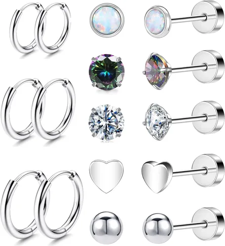 Versátiles 8 pares de aretes de titanio para orejas sensibles, ópalo de bola de punto, circonita cúbica, calibre 20, juego de aretes de titanio puro