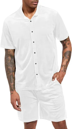Miniatura 63 de LecGee Conjunto de pantalones cortos casuales de verano para hombre, camisa de terciopelo de manga corta con botones, pantalones cortos de cintura