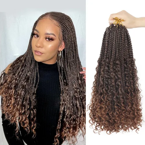 Miniatura 55 de Goddess Box Braids - Trenzas de cabello a ganchillo con extremos rizados, trenzas de caja bohemianas de 16 pulgadas, trenzas de ganchillo, 8 1B-4-30