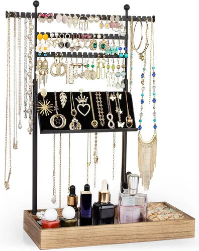 SOLIMINTR Organizador de joyas, soporte de joyería con soporte de exhibición de collares, organizador de aretes de 3 niveles, bandeja base de madera
