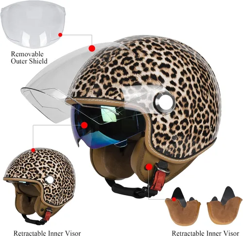 Miniatura 3 de Casco de motocicleta de cuero PU brillante vintage 3/4, con certificación DOT, con visor doble, casco de cara abierta, casco de media cara