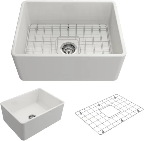 Miniatura 27 de BOCCHI Classico Farmhouse Fregadero de cocina de arcilla refractaria con frente de delantal de 20 pulgadas, un solo tazón con rejilla protectora
