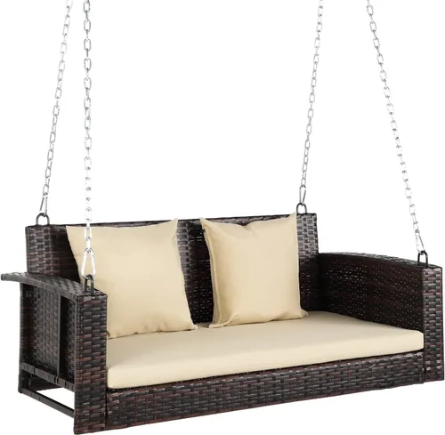 Miniatura 7 de VINGLI Columpio de ratán para porche, asiento colgante de 800 libras para exteriores con cojín adicional y cadena ajustable, el asiento de columpio