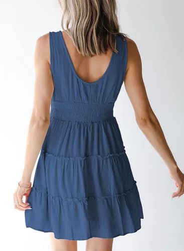 Miniatura 2 de Dokotoo Vestidos de verano para mujer, sin mangas, con botones, cintura imperio, con volantes, escalonados, casual, mini vestido con vuelo