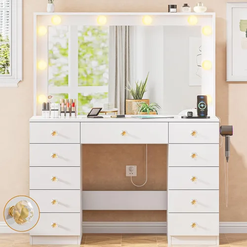 Miniatura 3 de DINGIPP Tocador con espejo grande y 10 luces LED, escritorio de tocador con tope de cristal, 11 cajones con asas de cristal, tocador con toma