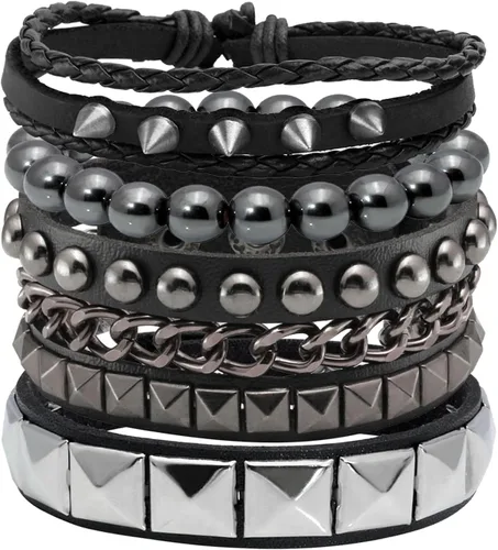 Miniatura 4 de Eigso Juego de 4 pulseras de cuero punk, con tachuelas de roca para hombres y mujeres, estilo retro, clásico, con pinchos, de metal, para hombre