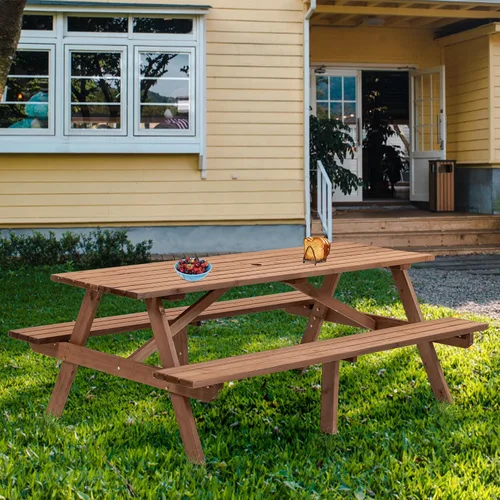 Miniatura 10 de Mesa de picnic redonda de madera para 6 personas, mesa de comedor al aire libre de 35 pulgadas con 3 bancos integrados, agujero para paraguas, mesa