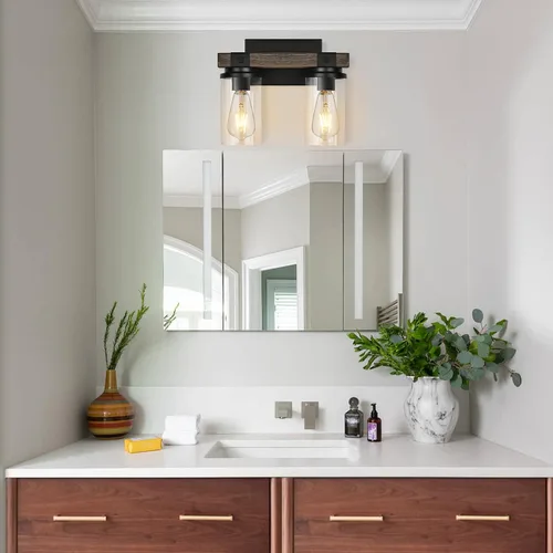 Miniatura 5 de Lámpara de Baño Estilo Granja de Madera Negra, Iluminación de Tocador de 2 Luces, Aplique de Pared de Madera, Accesorio de Pared Industrial Rústico