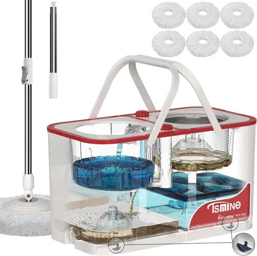 Mopa giratoria de gran capacidad Gen 1 y cubo, para hogares grandes y días de limpieza profunda, sistema de 4 cámaras que separa el agua sucia y