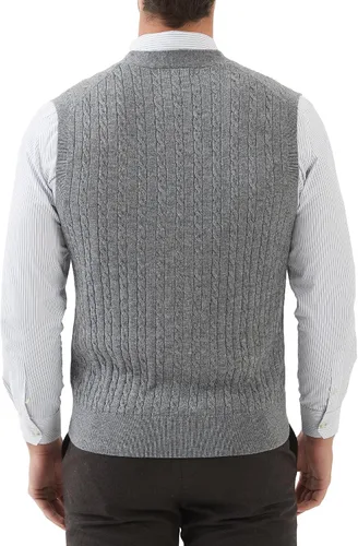 Miniatura 3 de Kallspin Suéter de punto trenzado para hombre, chaleco de mezcla de lana, cuello en V, con botones, sin mangas