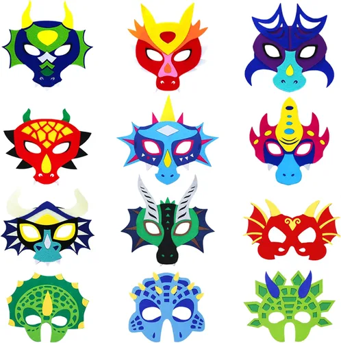 iROLEWIN Paquete de 12 máscaras de dragón de fieltro para niños, recuerdos de fiesta, juguetes de dinosaurio, disfraces para niños y niñas, regalos