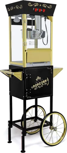 Máquina de palomitas de maíz de 12 onzas con carrito, máquina de palomitas vintage con soporte, ruedas, hervidor de acero inoxidable, cajón de Negro